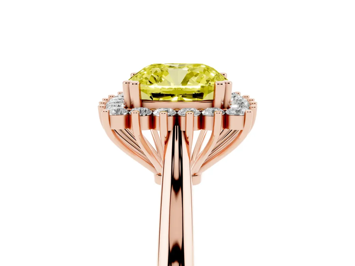 Fancy Yellow Cushion Cut Cut Diamond Halo Ring with Solitaire Band and Prong Setting Rose gold