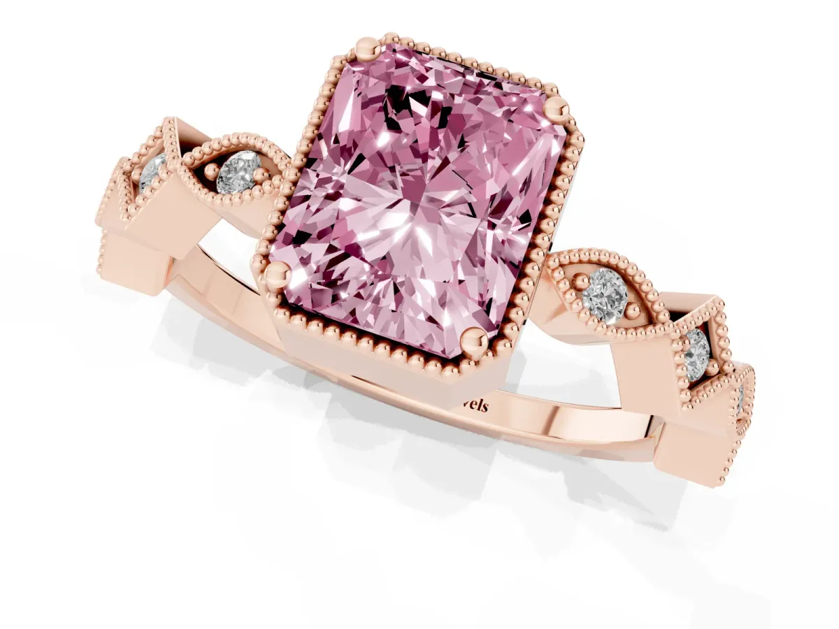 Fancy Pink Radiant Cut Milgrain Marquise Diamond Twist Band Ring Rose gold