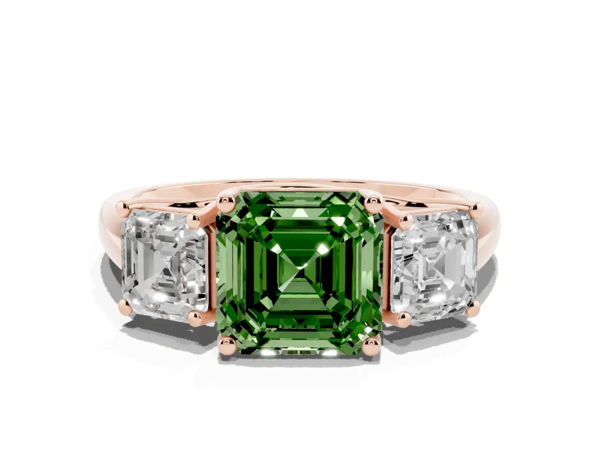 Fancy Green Three-Stone Asscher Cut Diamond Engagement Ring with Prong Setting Rose gold