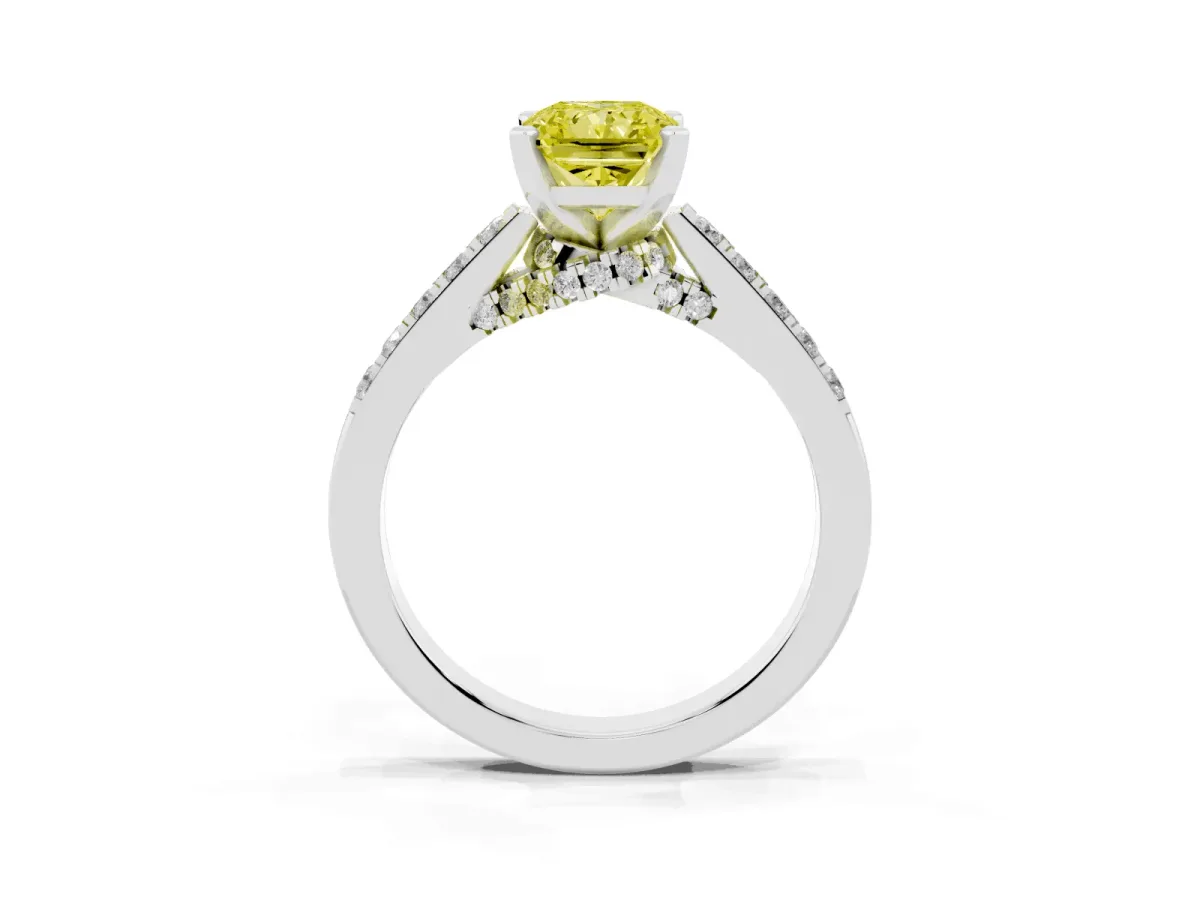 Fancy Yellow Radiant Cut Diamond Solitaire Ring with Crossover Gallery and Round Pavé Band White gold