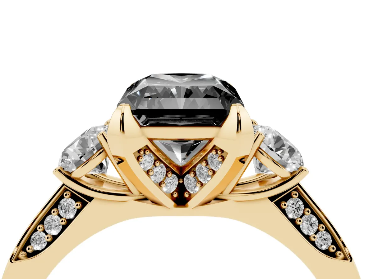 Fancy Black Radiant Cut Brilliant Three-Stone Diamond Ring with Pavé Band and Four-Prong Setting Yellow gold