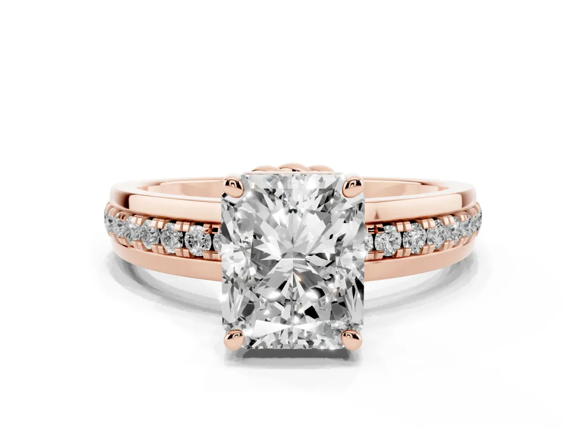 Radiant Cut Solitaire Diamond Ring with Channel Set Band and Six-Prong Setting Rose gold