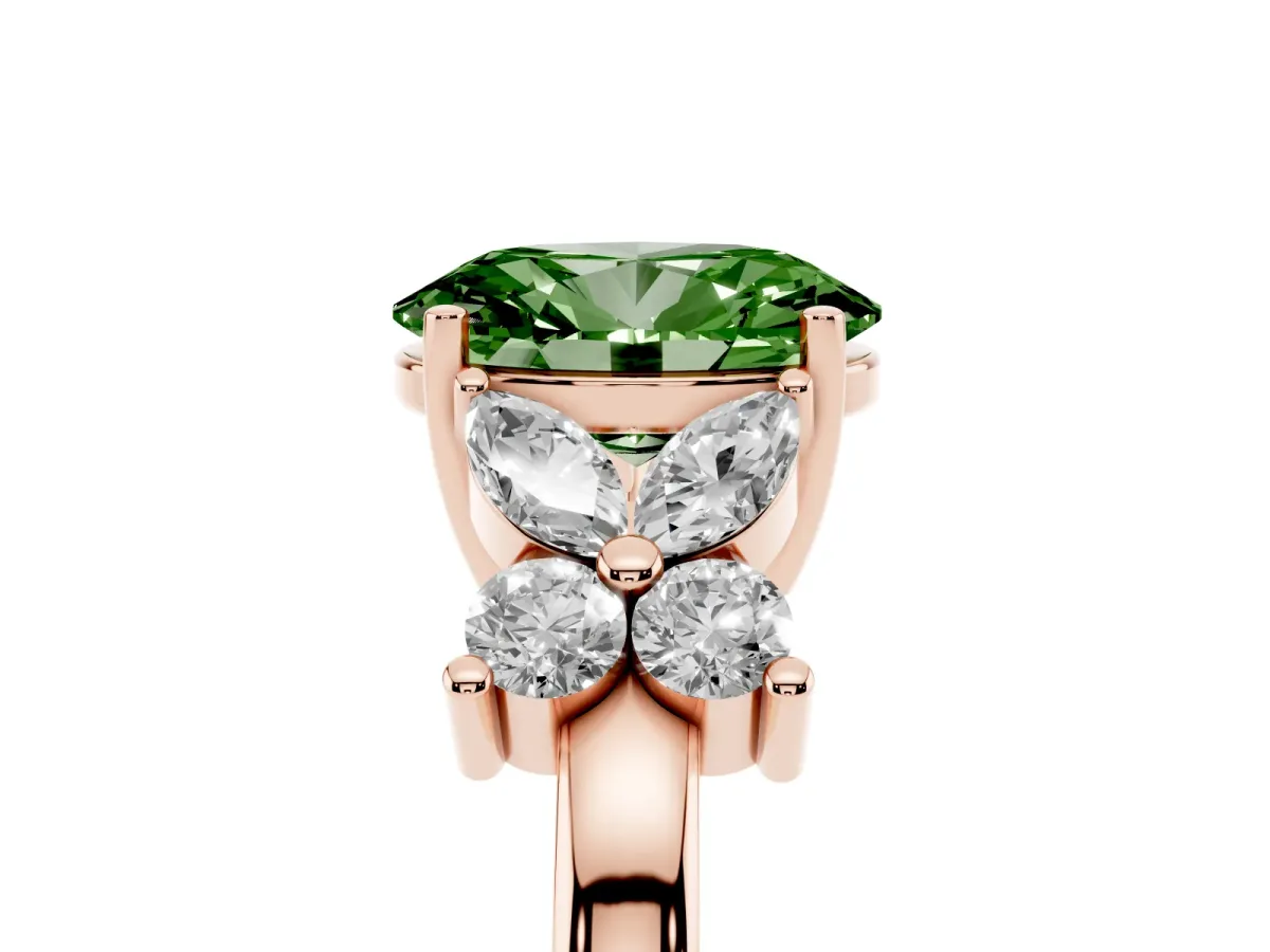 Fancy Green Oval Cut Diamond Floral Cluster Ring with Solitaire Band and Prong Setting Rose gold