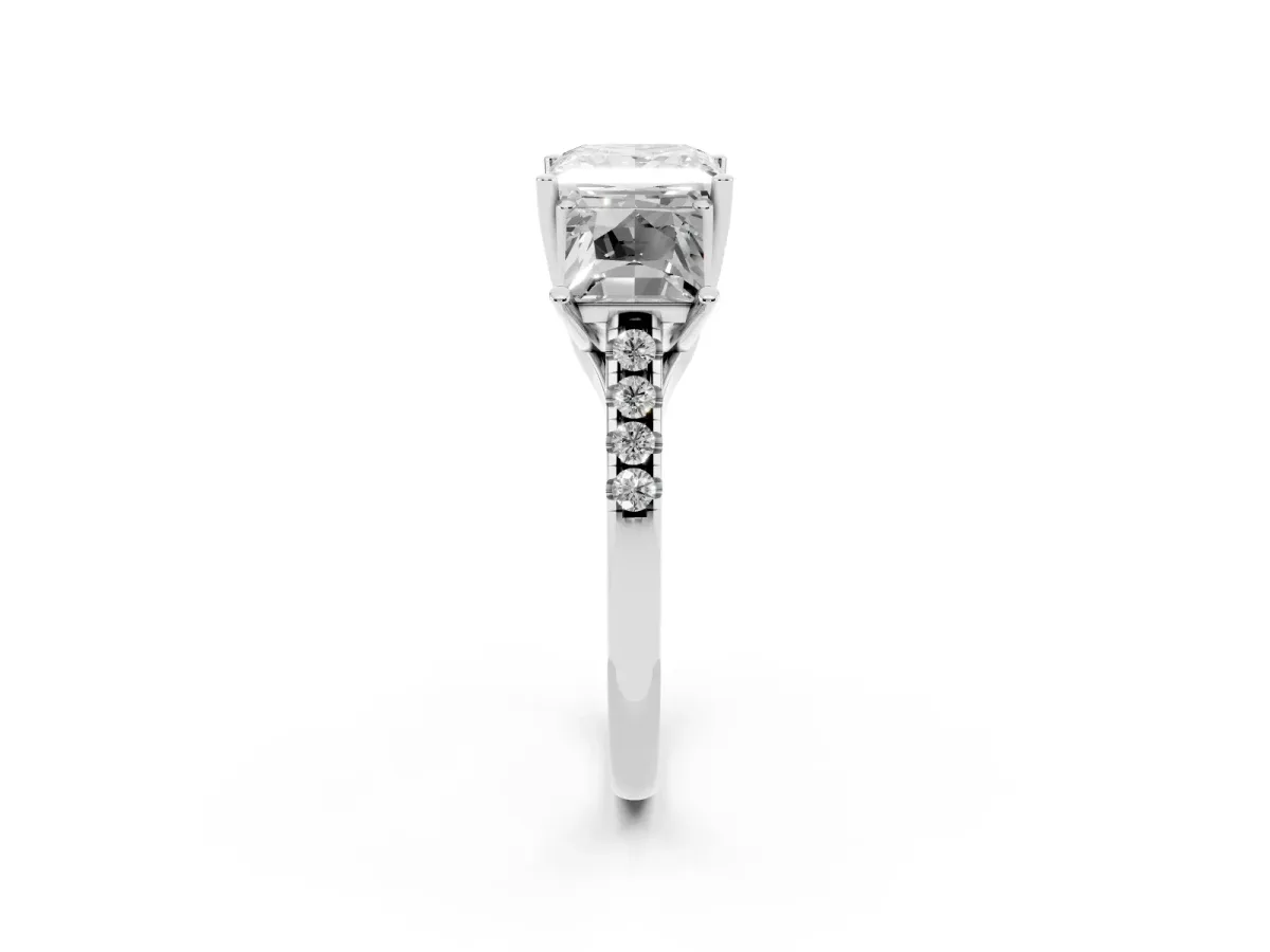 Three-Stone Princess Cut Diamond Ring with Round Pavé Band and Prong Setting Silver