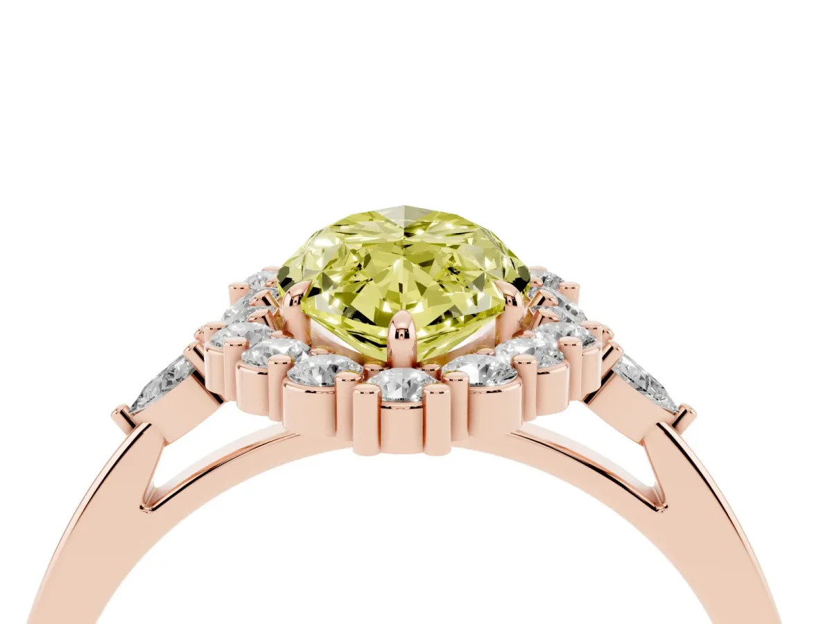 Fancy Yellow Marquise Cut Diamond Halo Ring with Pear Side Stones and Prong Setting Rose gold