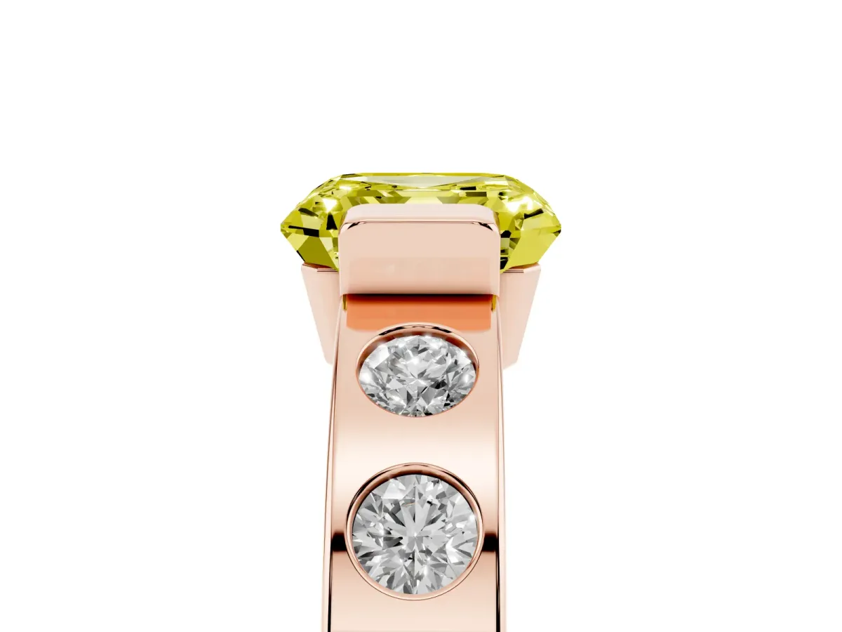 Fancy Yellow Asscher Cut Brilliant Channel-Set Diamond Ring with Bezel Prong Setting Rose gold