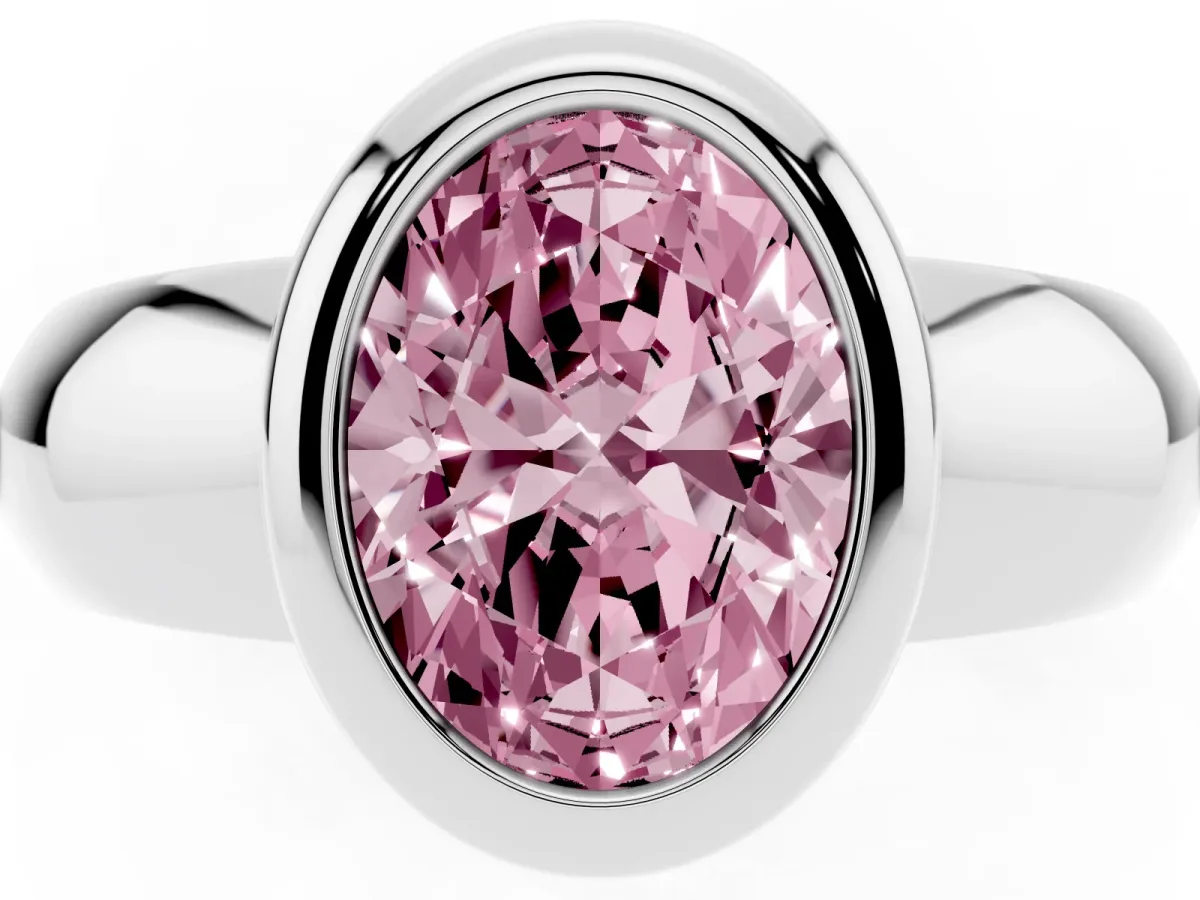 Fancy Pink Bezel Set Oval Cut Solitaire Ring with Wide Band Platinum