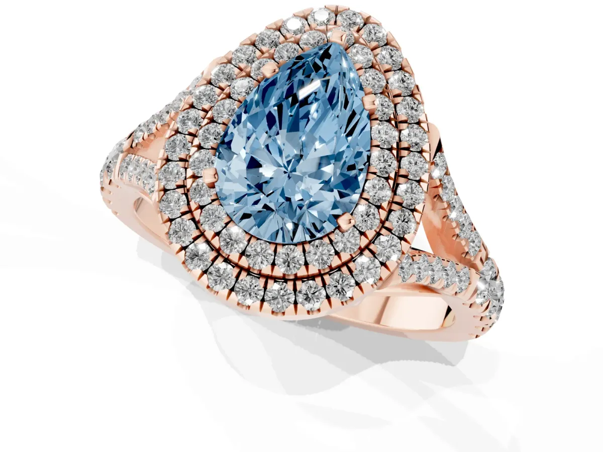 Fancy Blue Pear Cut Diamond Double Halo Ring with Split Shank and Prong Setting Rose gold
