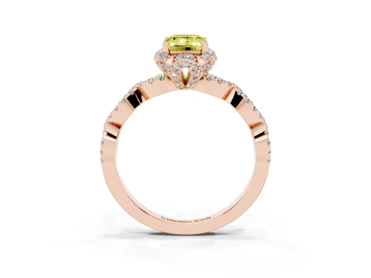 Fancy Yellow Emerald Cut Halo Twist Band Solitaire Ring with Six-Prong Setting Rose gold