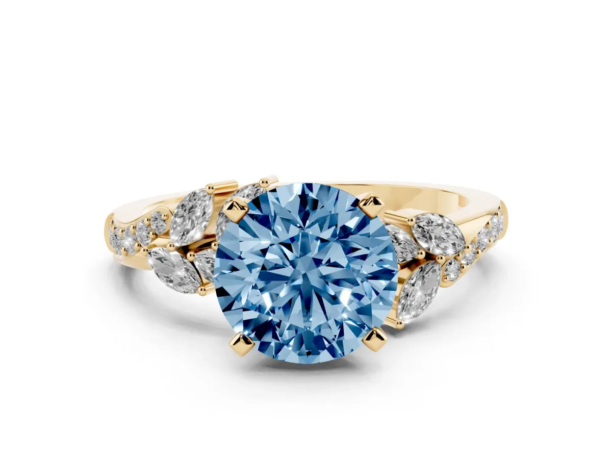 Fancy Blue Round Cut Solitaire Marquise Twist Band with Six-Prong Setting Yellow gold