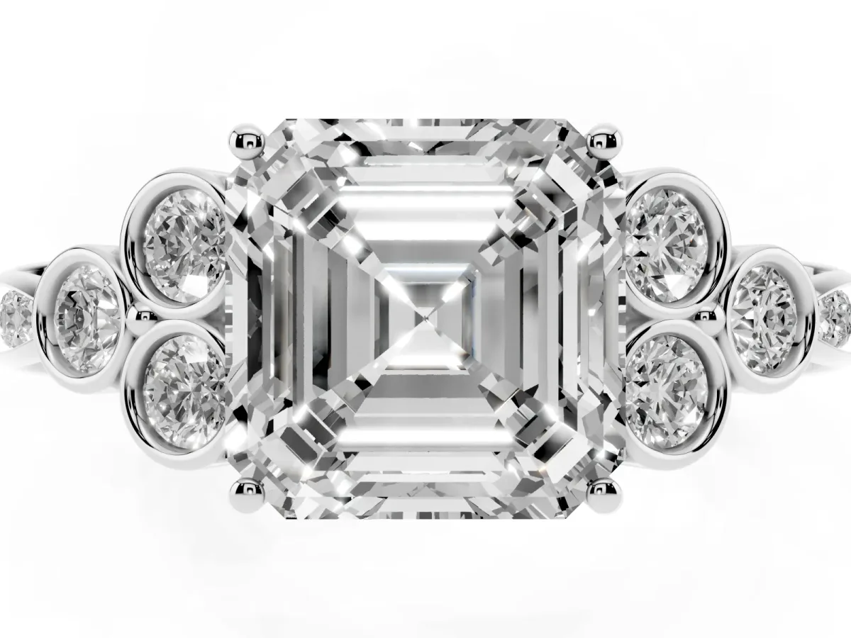 Asscher Cut Cut Diamond Engagement Ring with Bezel Set Round Side Stones and Prong Setting Silver