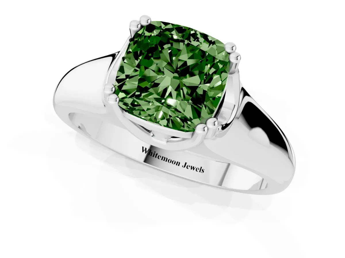 Fancy Green Cushion Cut Diamond Solitaire Ring with Wide Band and Prong Setting Silver