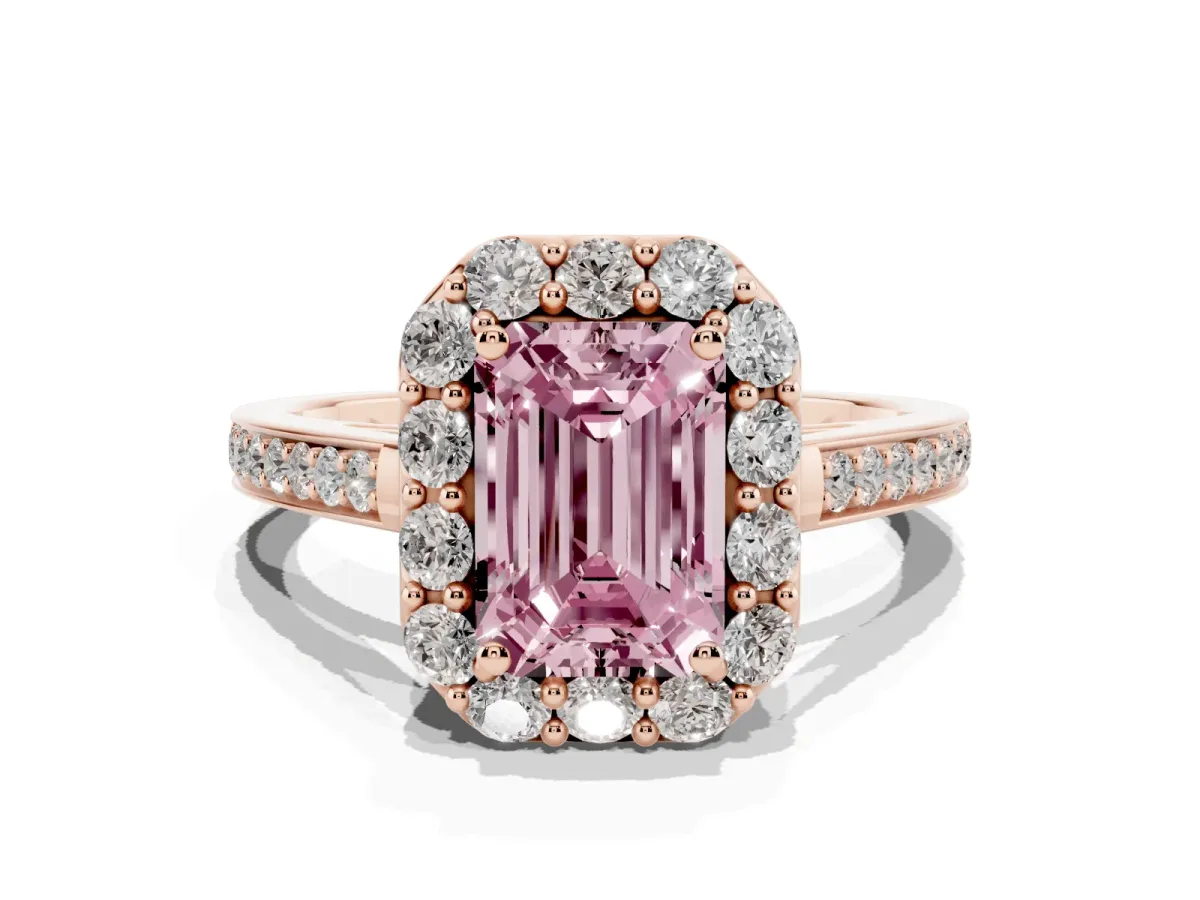 Fancy Pink Emerald Cut Diamond Floral Halo Ring with Pavé Band and Prong Setting Rose gold