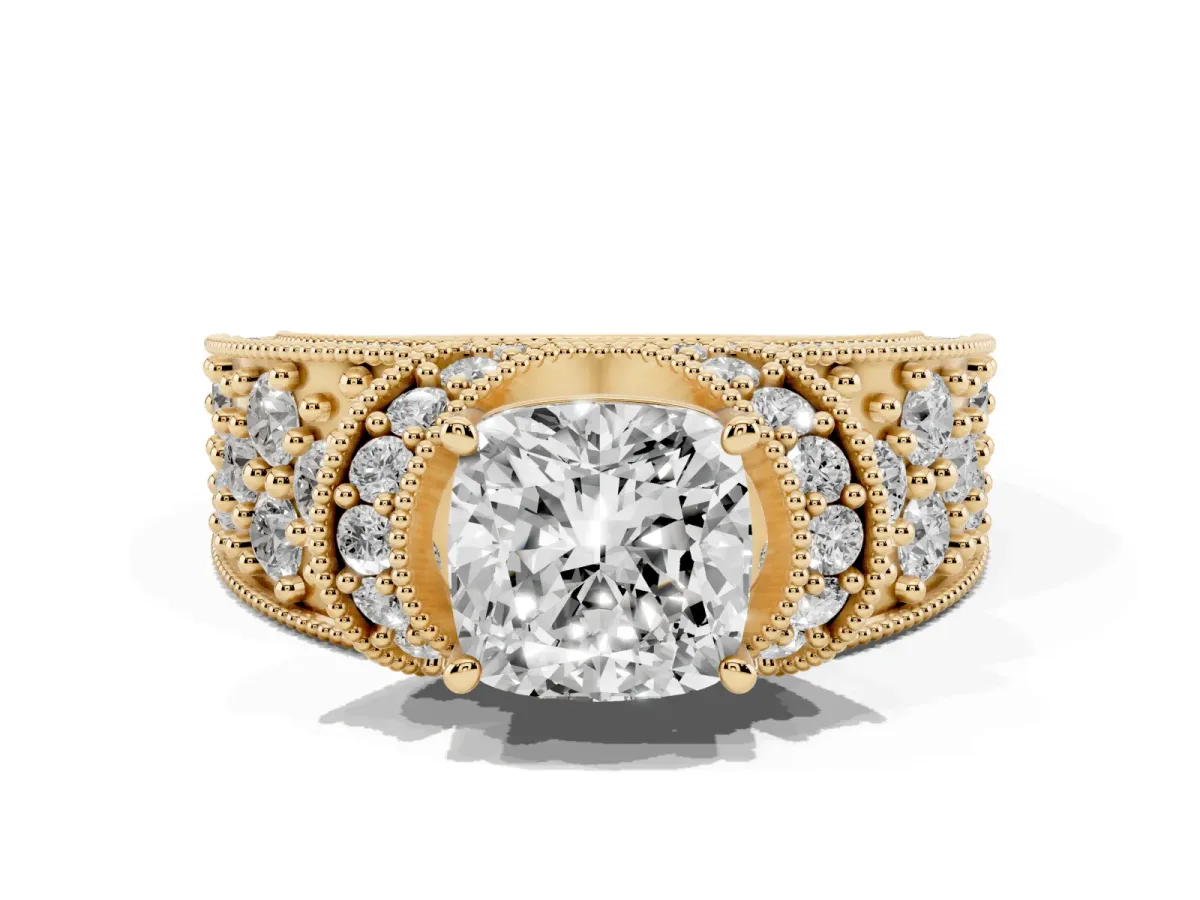 Cushion Cut Halo Pave Diamond Engagement Ring with Milgrain Detailing Yellow gold