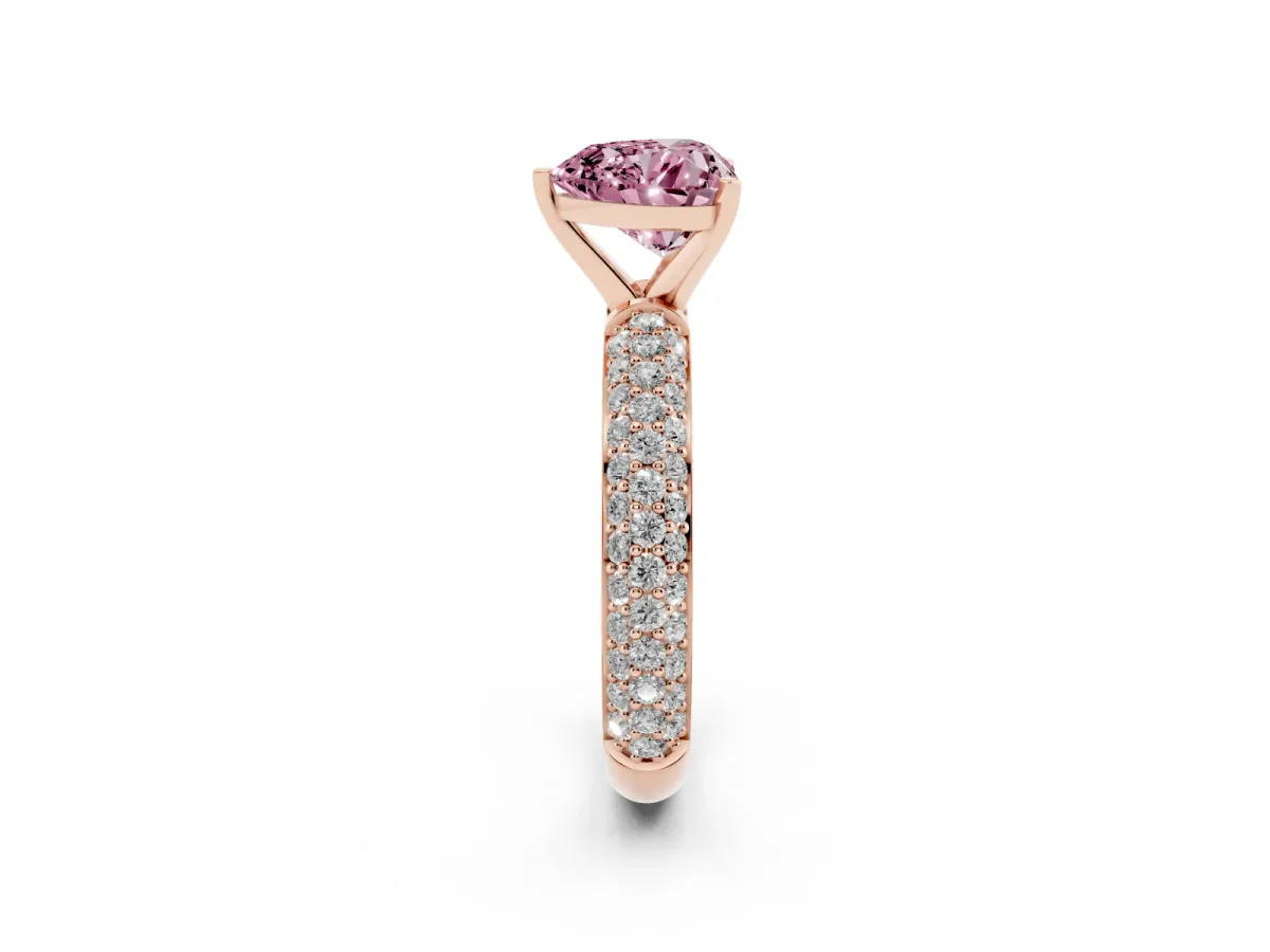Fancy Pink Heart Cut Diamond Solitaire Ring with Prong Setting and Pavé Band Rose gold