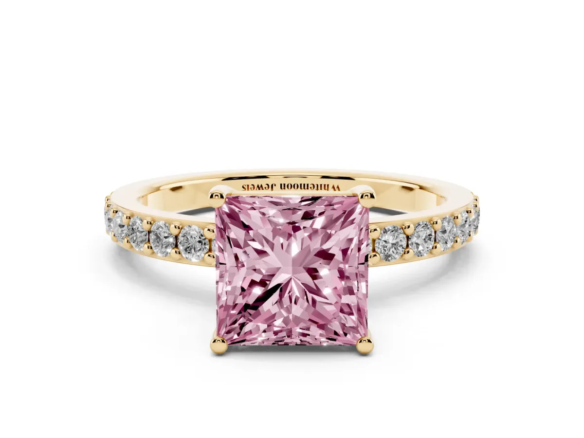 Fancy Pink Princess Cut Cut Diamond Solitaire with Pave Band and Four-Prong Setting Yellow gold