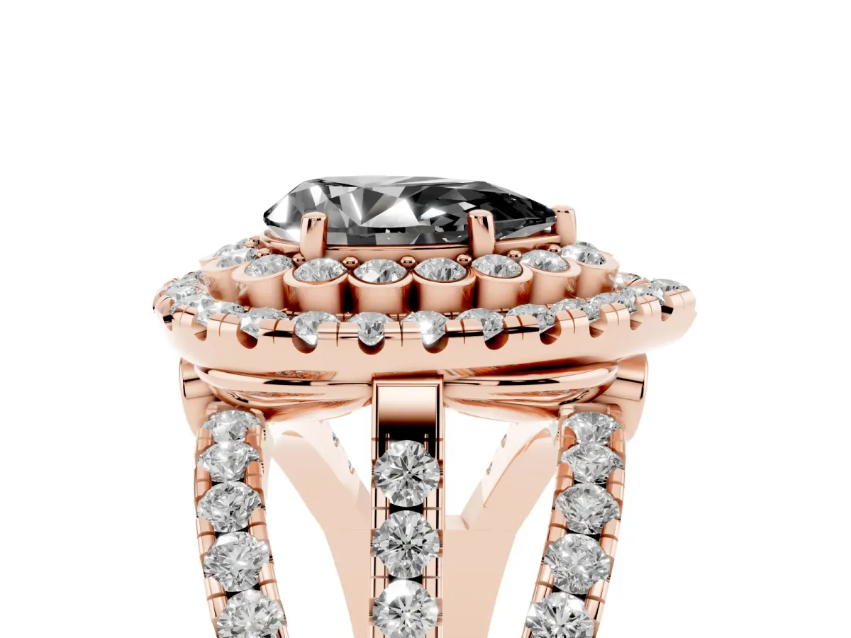 Fancy Black Pear Cut Diamond Double Halo Ring with Round Pavé Split Shank and Prong Setting Rose gold