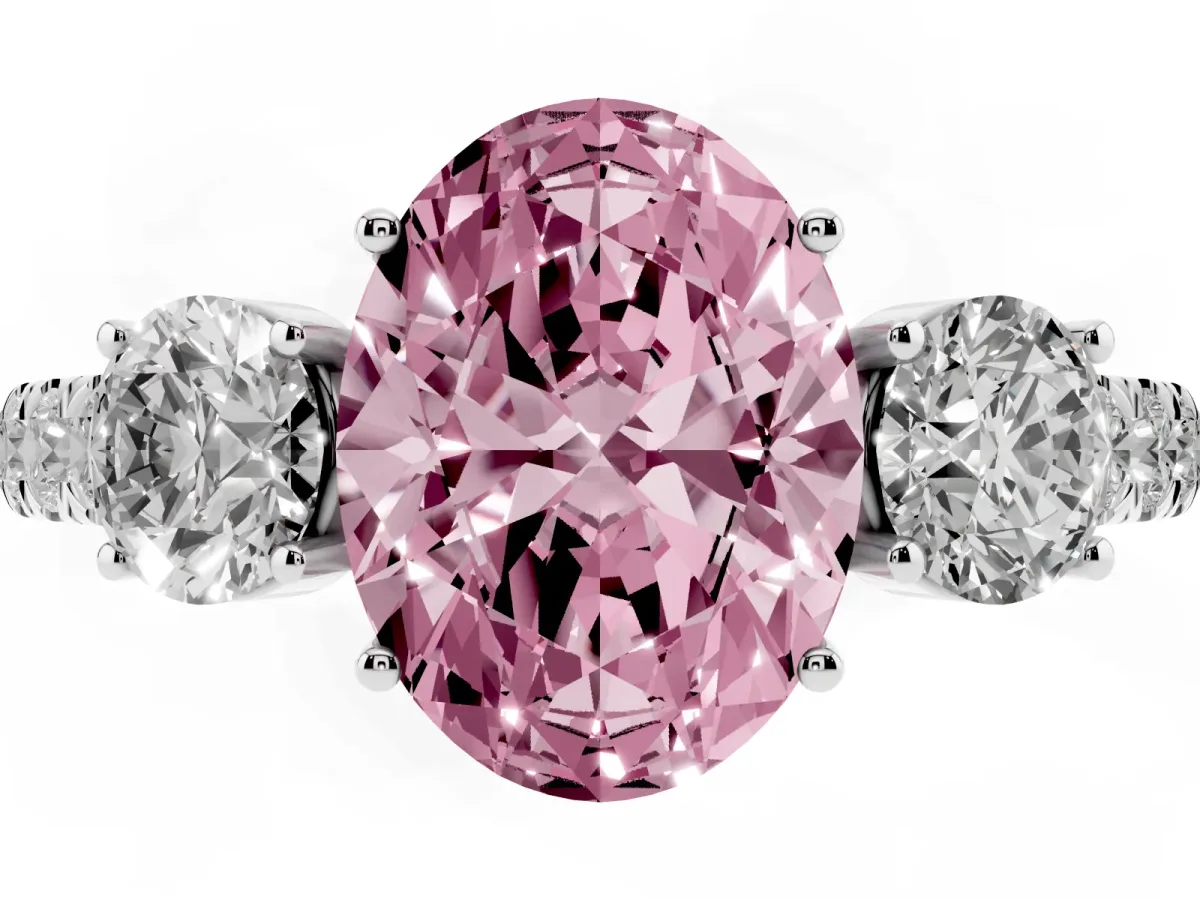 Fancy Pink Oval Cut Cut Diamond Three-Stone Ring with Round Side Stones and Pavé Band Silver
