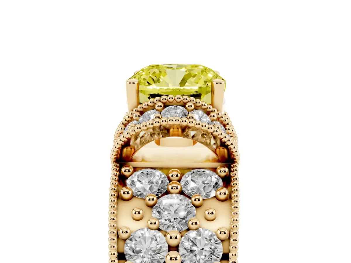 Fancy Yellow Cushion Cut Halo Pave Diamond Engagement Ring with Milgrain Detailing Yellow gold