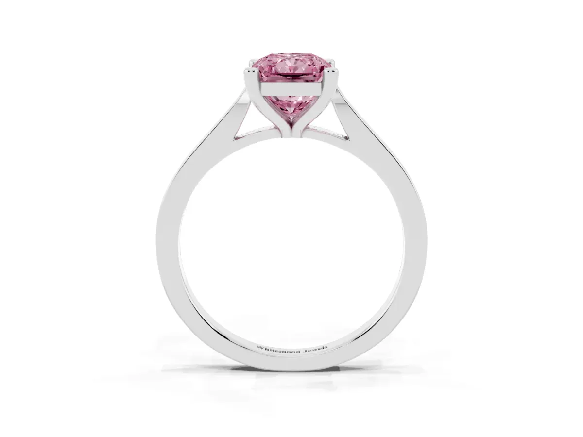 Fancy Pink Radiant Cut Solitaire Diamond Ring with Four-Prong Setting and Tapered Band White gold