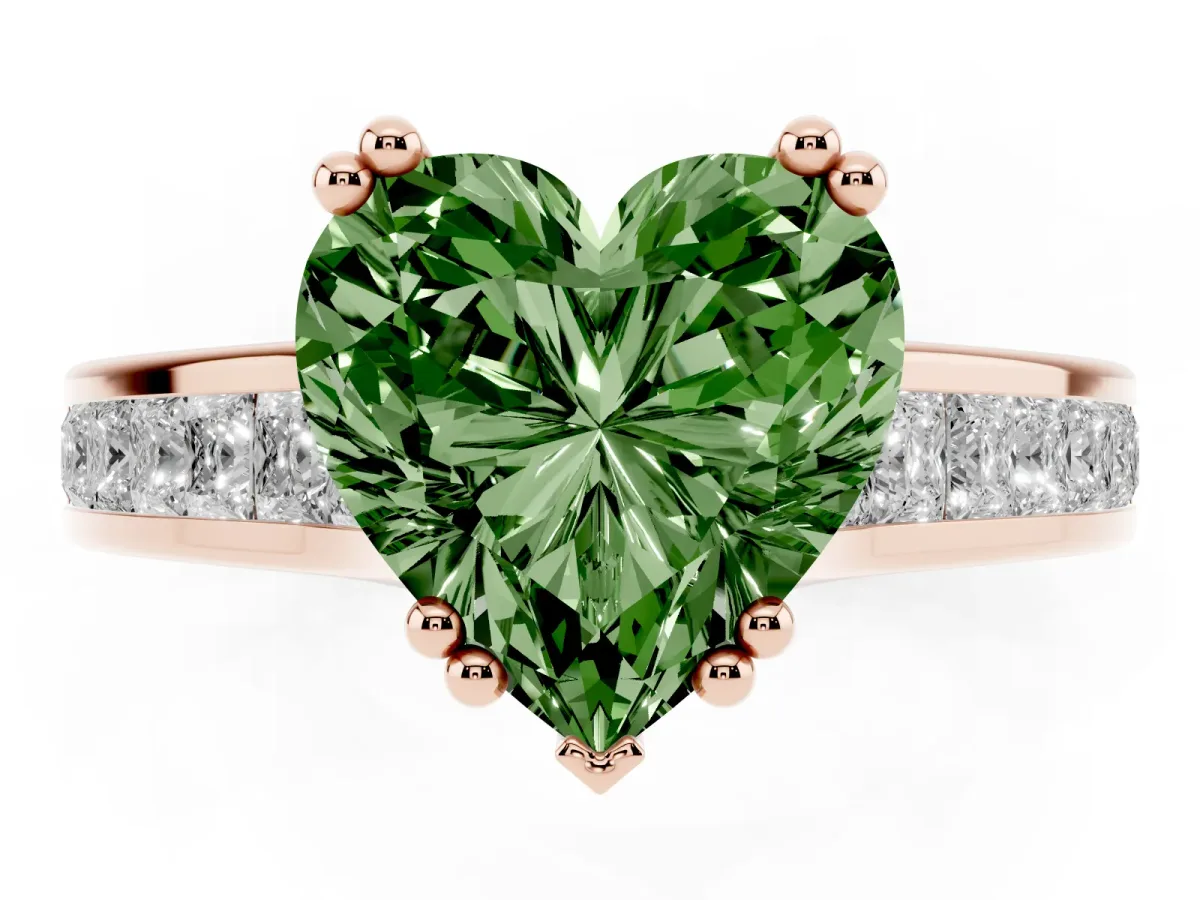 Fancy Green Heart Cut Cut Channel Set Solitaire Engagement Ring with Prong Setting Rose gold