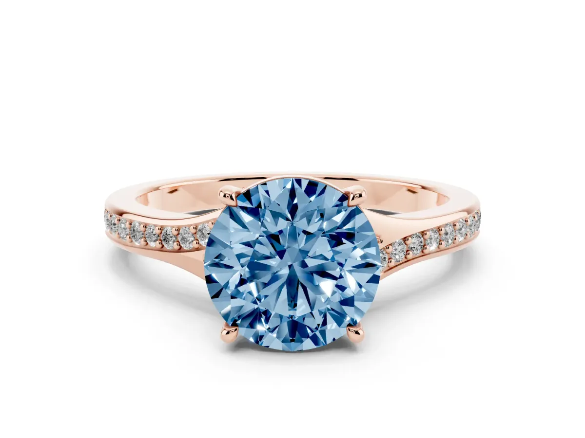 Fancy Blue Round Cut Diamond Solitaire Ring with Pavé Band and Prong Setting Rose gold