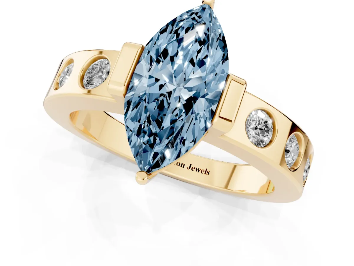 Fancy Blue Marquise Cut Brilliant Channel-Set Diamond Ring with Bezel Prong Setting Yellow gold