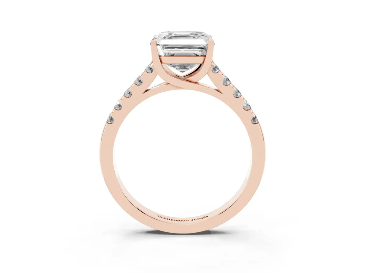 Asscher Cut Diamond Pavé Band Solitaire Ring with Prong Setting Rose gold