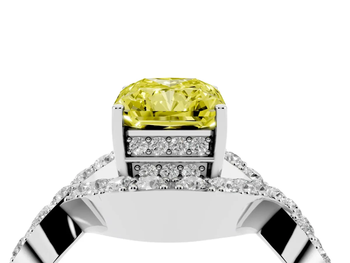 Fancy Yellow Radiant Cut Solitaire Twist Band Pavé Diamond Engagement Ring White gold