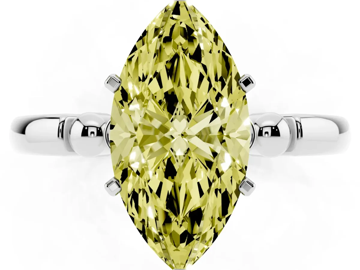 Fancy Yellow Marquise Cut Solitaire Beaded Band with Four-Prong Setting Silver