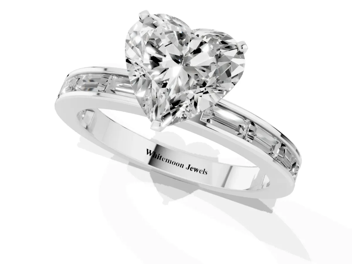 Heart Cut Solitaire Diamond Ring with Channel-Set Baguette Band and Four-Prong Setting Platinum