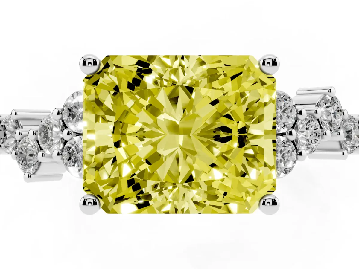 Fancy Yellow Radiant Cut Diamond Scattered Round Accent Ring with Prong Setting Silver