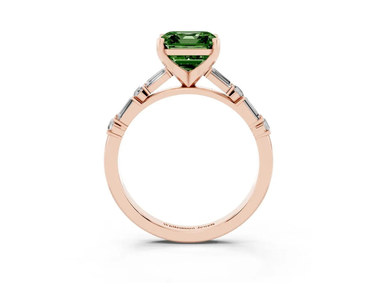Fancy Green Asscher Cut Diamond Solitaire with Side Baguettes and Channel Set Band Rose gold