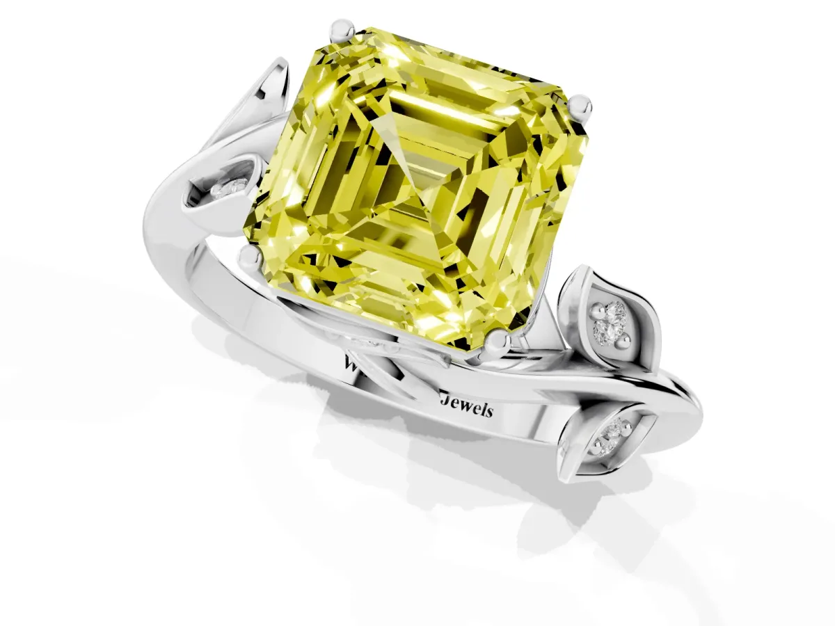 Fancy Yellow Asscher Cut Solitaire Twist Engagement Ring with Leaf Accents and Prong Setting Platinum