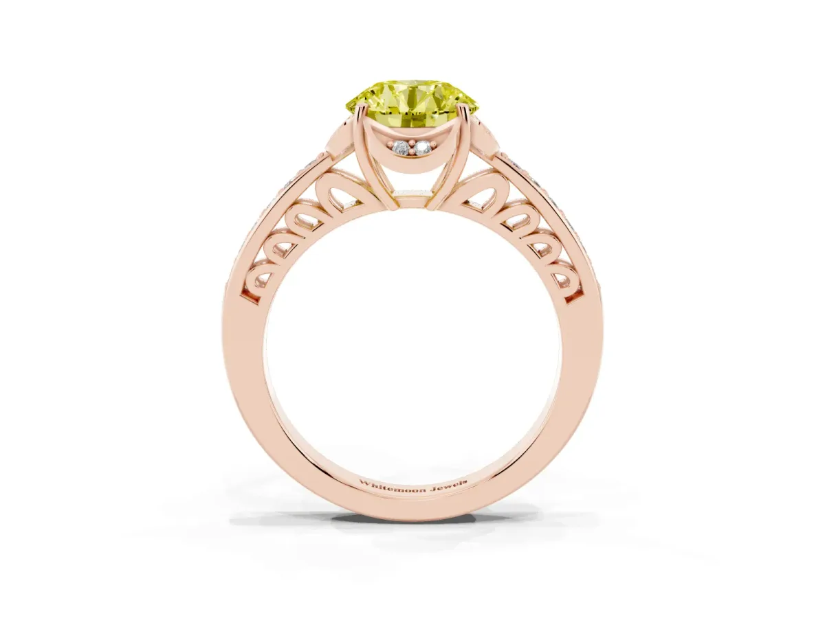 Fancy Yellow Round Cut Cut Halo Diamond Ring with Channel Set Band and Four-Prong Setting Rose gold