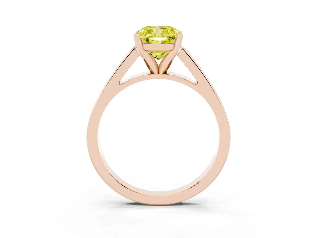 Fancy Yellow Cushion Cut Solitaire Engagement Ring with Four-Prong Setting and Tapered Band Rose gold