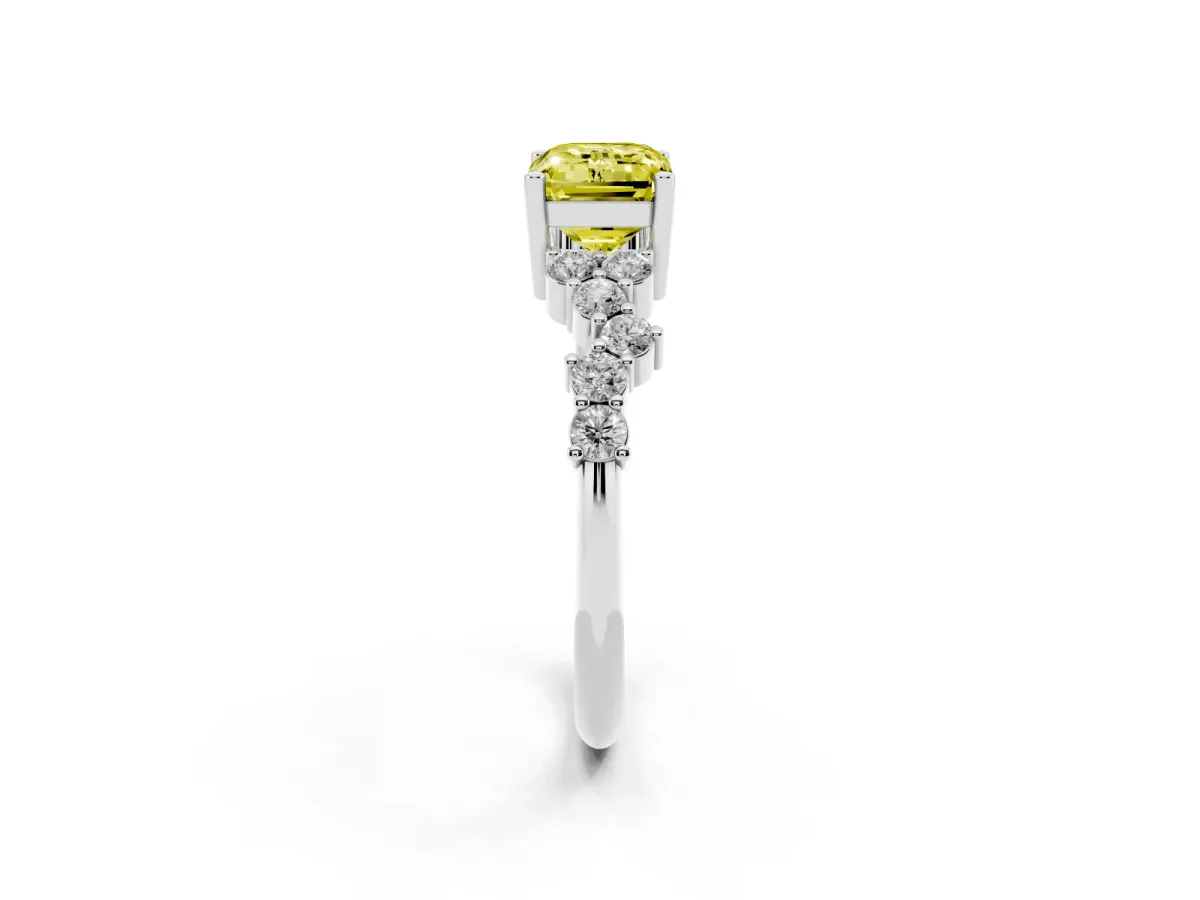 Fancy Yellow Emerald Cut Diamond Scattered Round Accent Ring with Prong Setting Silver
