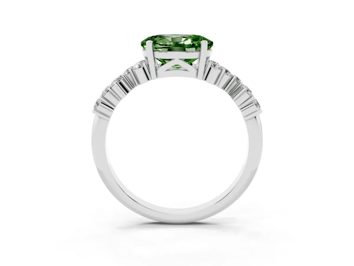 Fancy Green Oval Cut Diamond Scattered Round Accent Ring with Prong Setting Silver