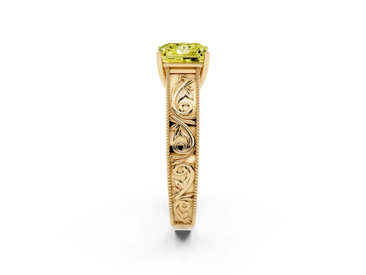 Fancy Yellow Princess Cut Diamond Solitaire Ring with Engraved Band and Four-Prong Setting Yellow gold