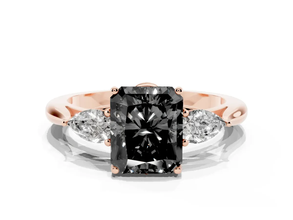 Fancy Black Three-Stone Radiant Cut Brilliant Diamond Solitaire Ring with Tapered Band and Four-Prong Setting Rose gold