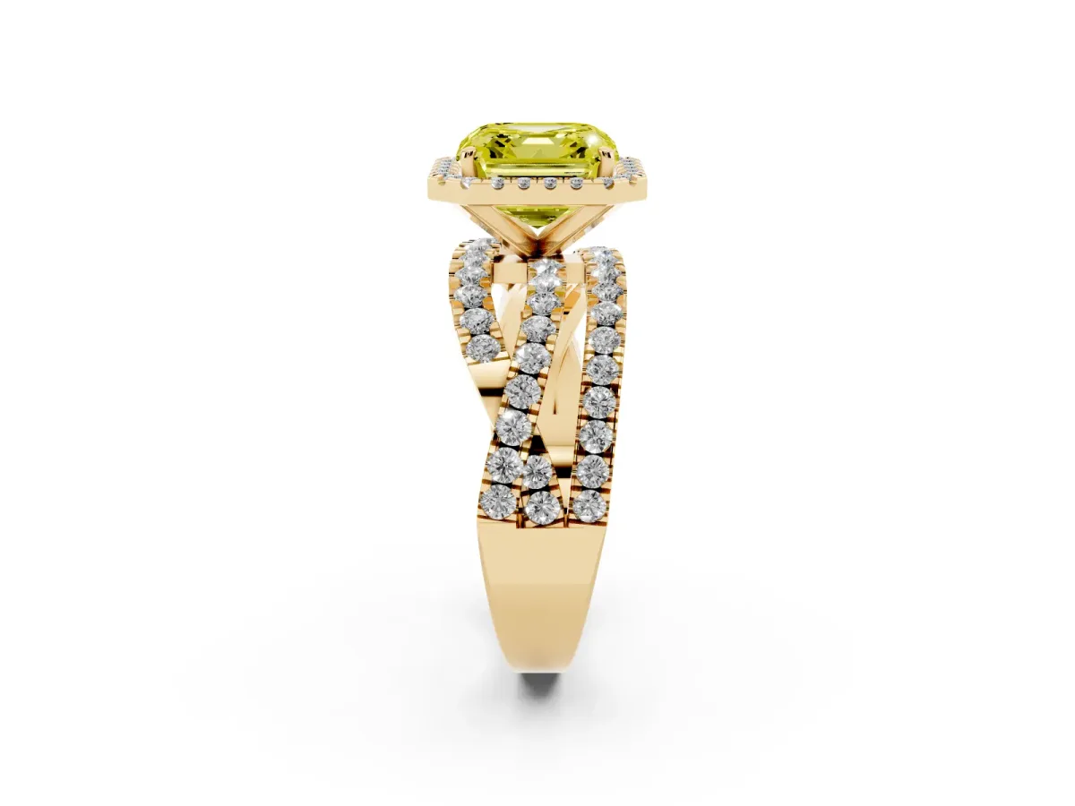 Fancy Yellow Asscher Cut Diamond Halo Ring with Round Split Shank and Prong Setting Yellow gold