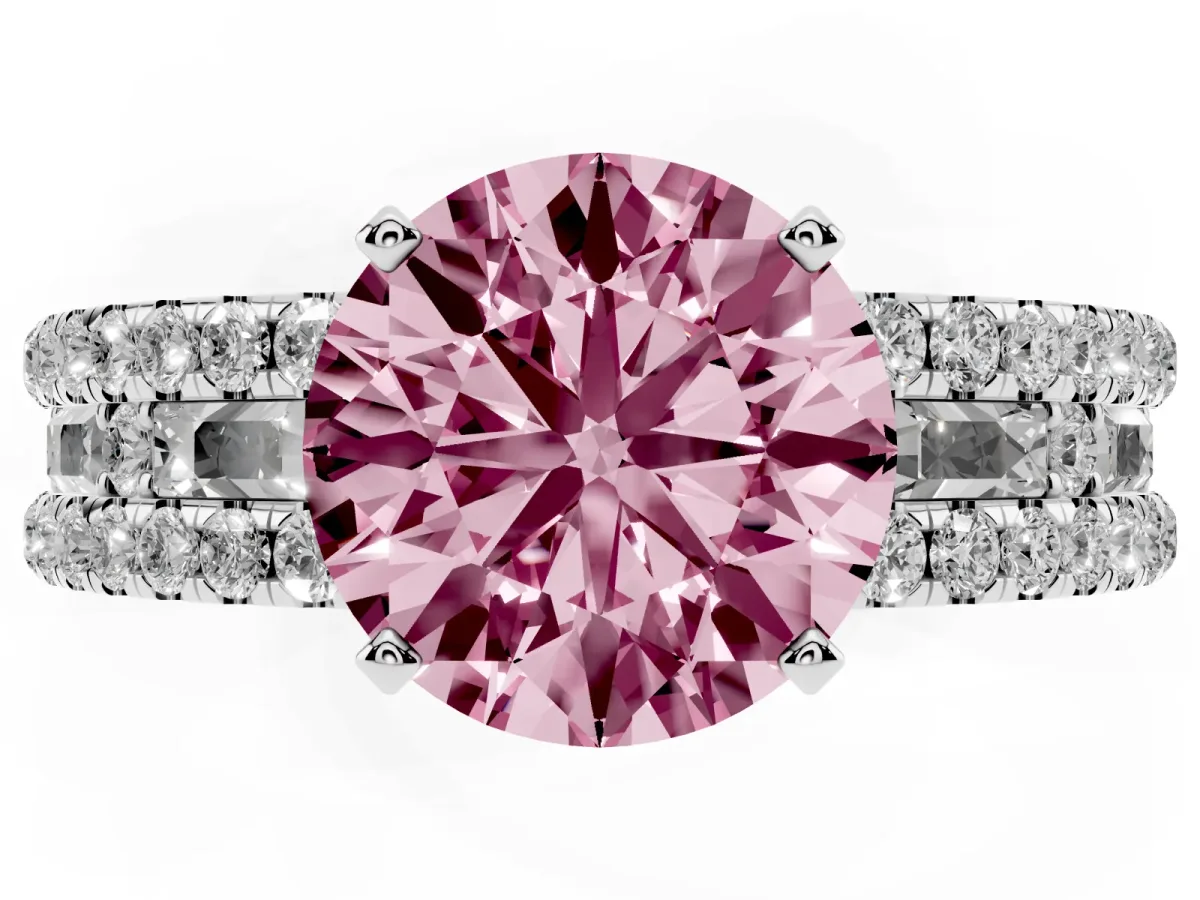 Fancy Pink Round Cut Diamond Solitaire Ring with Pavé and Channel Set Band Silver