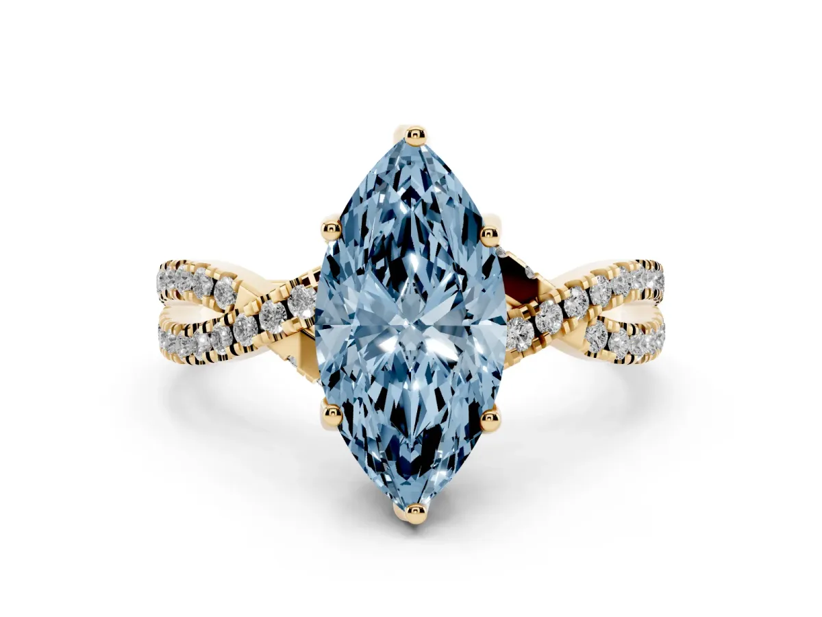 Fancy Blue Marquise Cut Solitaire Twist Pave Diamond Engagement Ring with Prong Setting Yellow gold