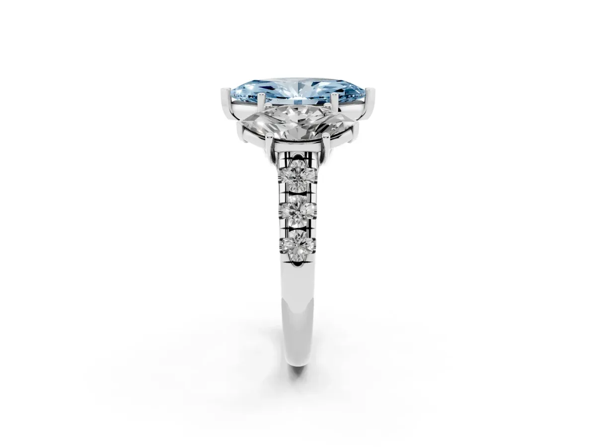 Fancy Blue Three-Stone Marquise Cut Diamond Pavé Band with Prong Setting Platinum