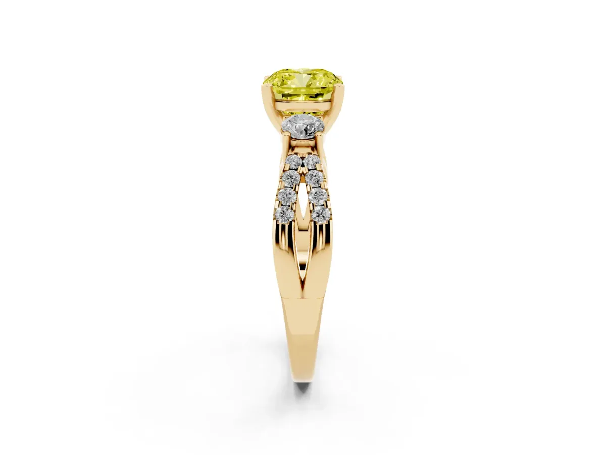 Fancy Yellow Cushion Cut Diamond Three-Stone Ring with Pavé Split Shank and Four-Prong Setting Yellow gold