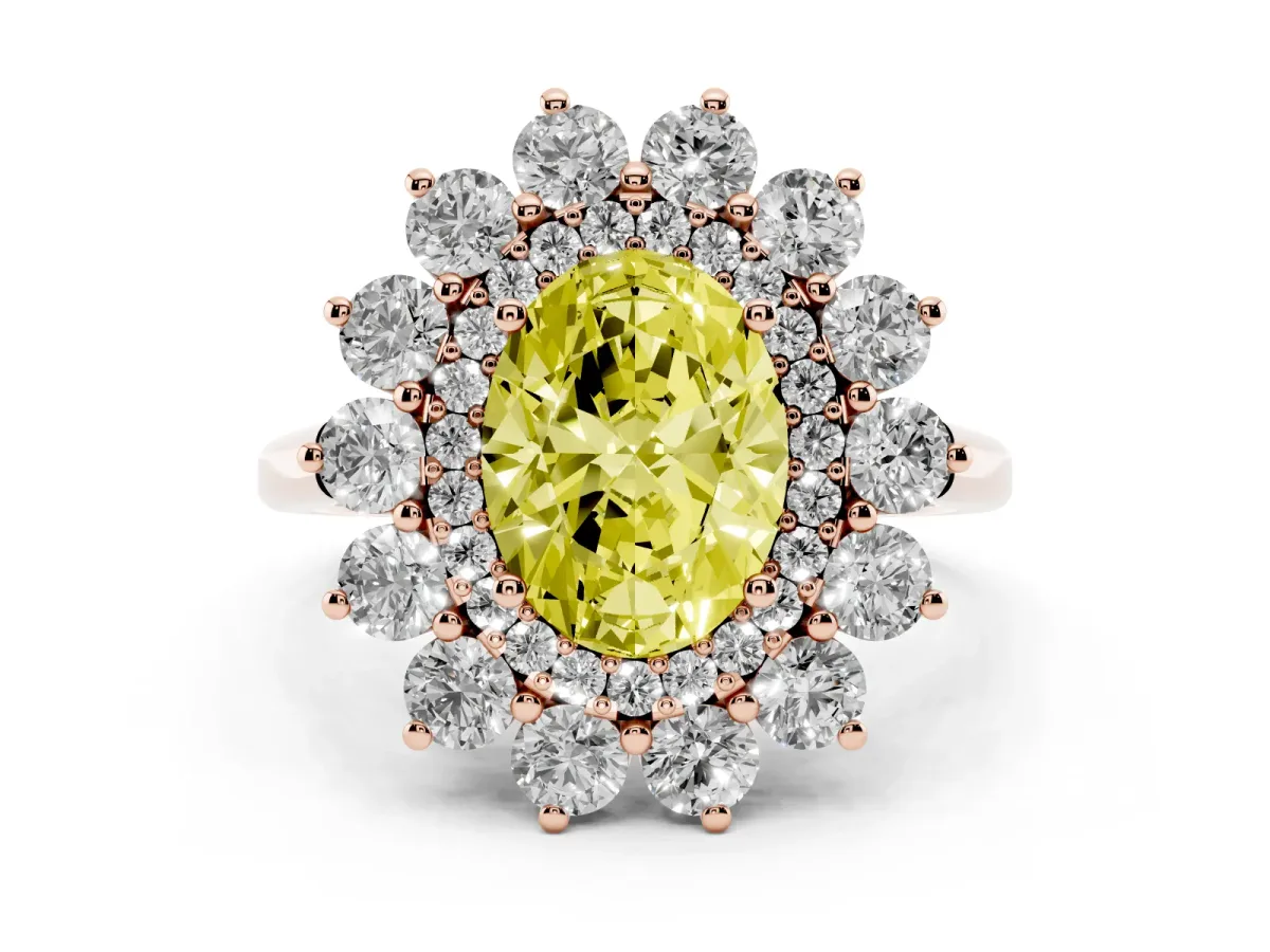 Fancy Yellow Oval Cut Diamond Floral Double Halo Engagement Ring with Prong Setting Rose gold