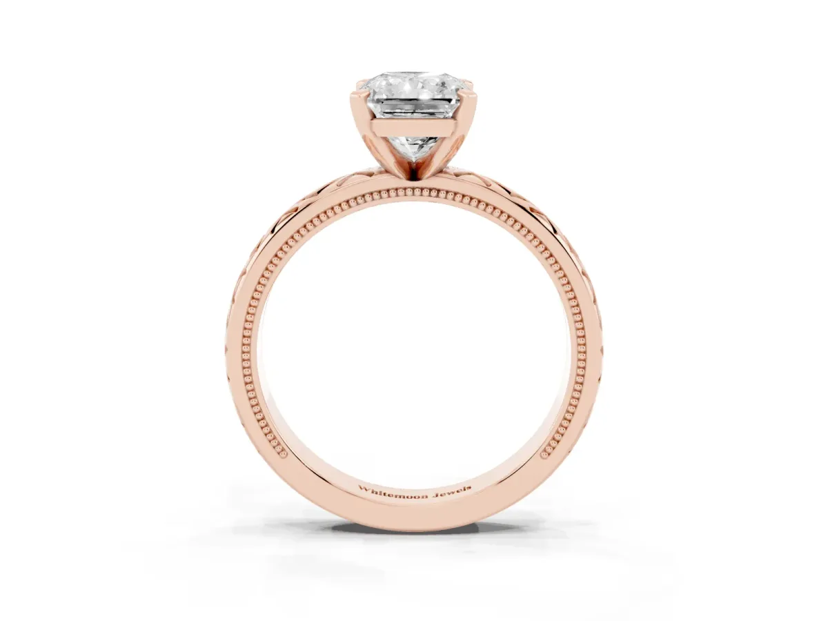 Radiant Cut Solitaire Diamond Ring with Milgrain and Black Enamel X Pattern Band Rose gold
