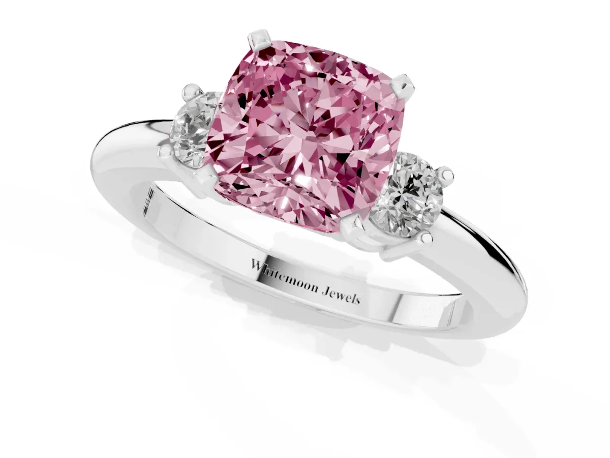 Fancy Pink Three-Stone Cushion Cut Cut Diamond Solitaire with Prong Setting and Classic Band White gold