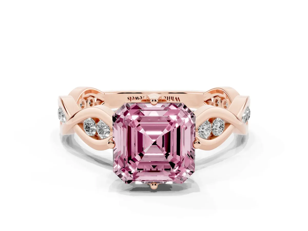 Fancy Pink Asscher Cut Solitaire Twist Band with Leaf Prong Setting Rose gold