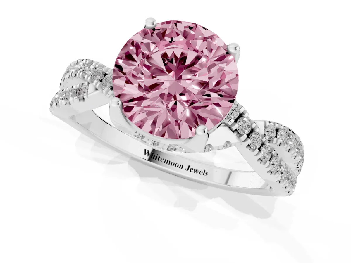 Fancy Pink Round Cut Solitaire Twist Pave Diamond Engagement Ring with Prong Setting Silver